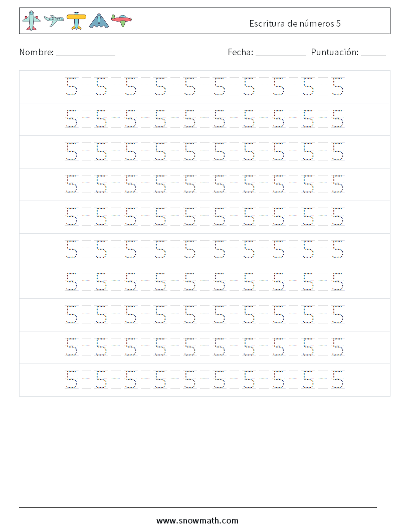 Escritura de números 5 Hojas de trabajo de matemáticas 14