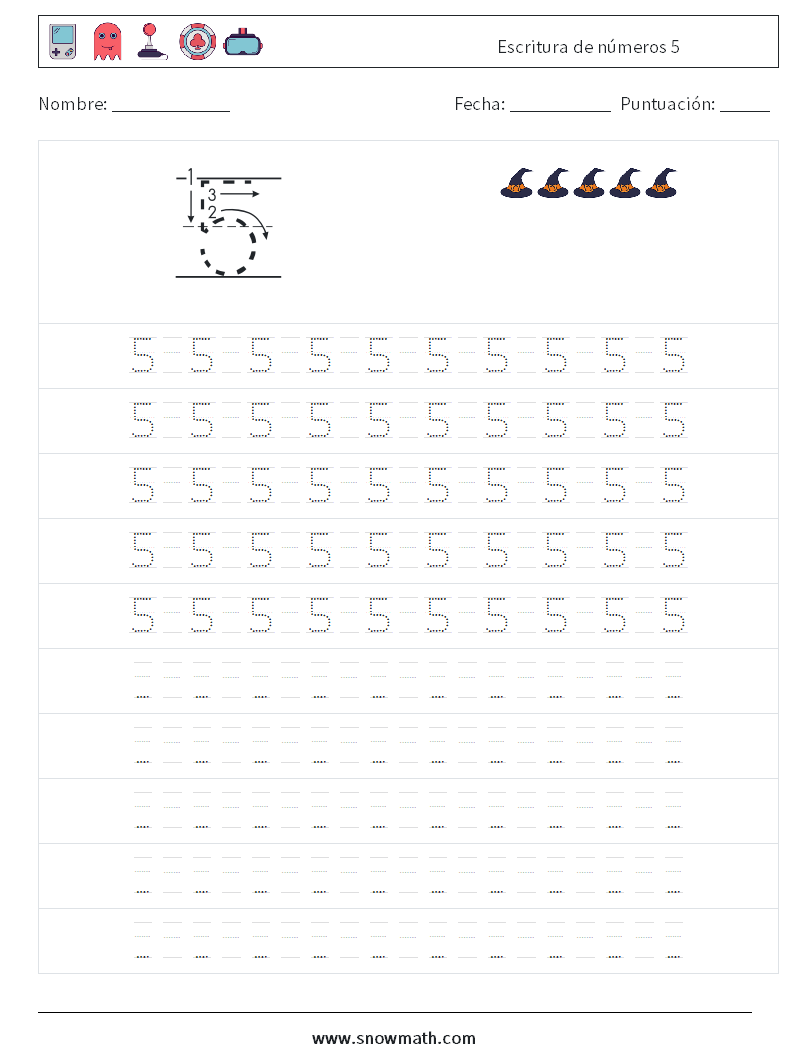 Escritura de números 5 Hojas de trabajo de matemáticas 15