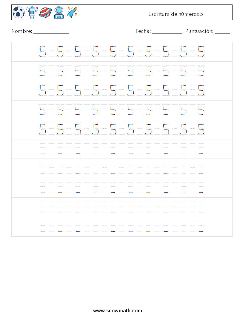 Escritura de números 5 Hojas de trabajo de matemáticas 16