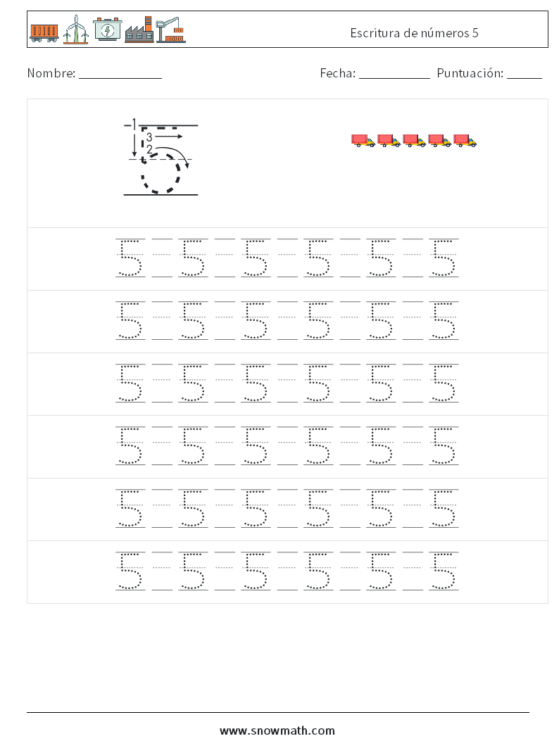 Escritura de números 5 Hojas de trabajo de matemáticas 17