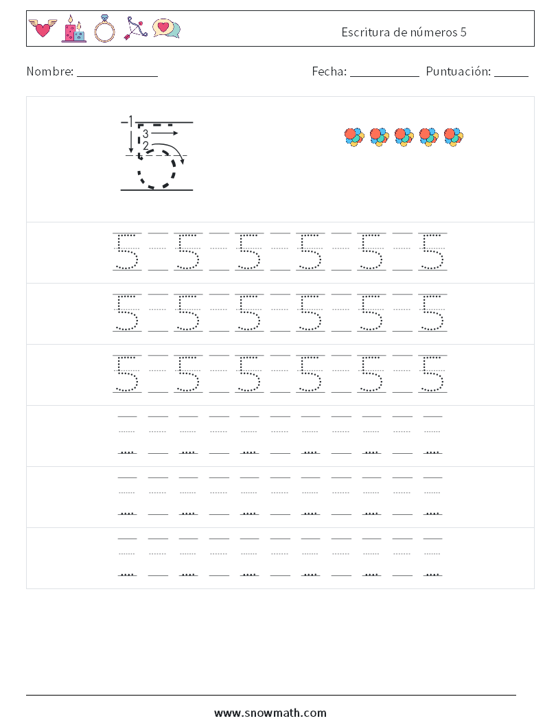 Escritura de números 5 Hojas de trabajo de matemáticas 19