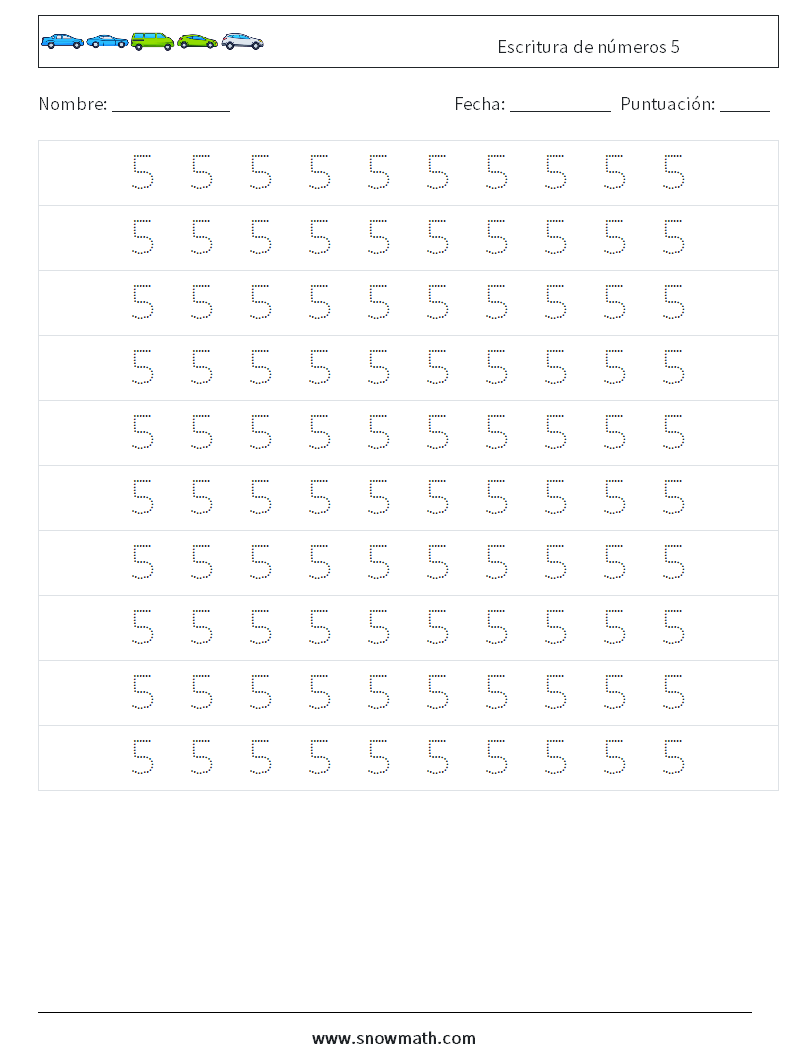 Escritura de números 5 Hojas de trabajo de matemáticas 2