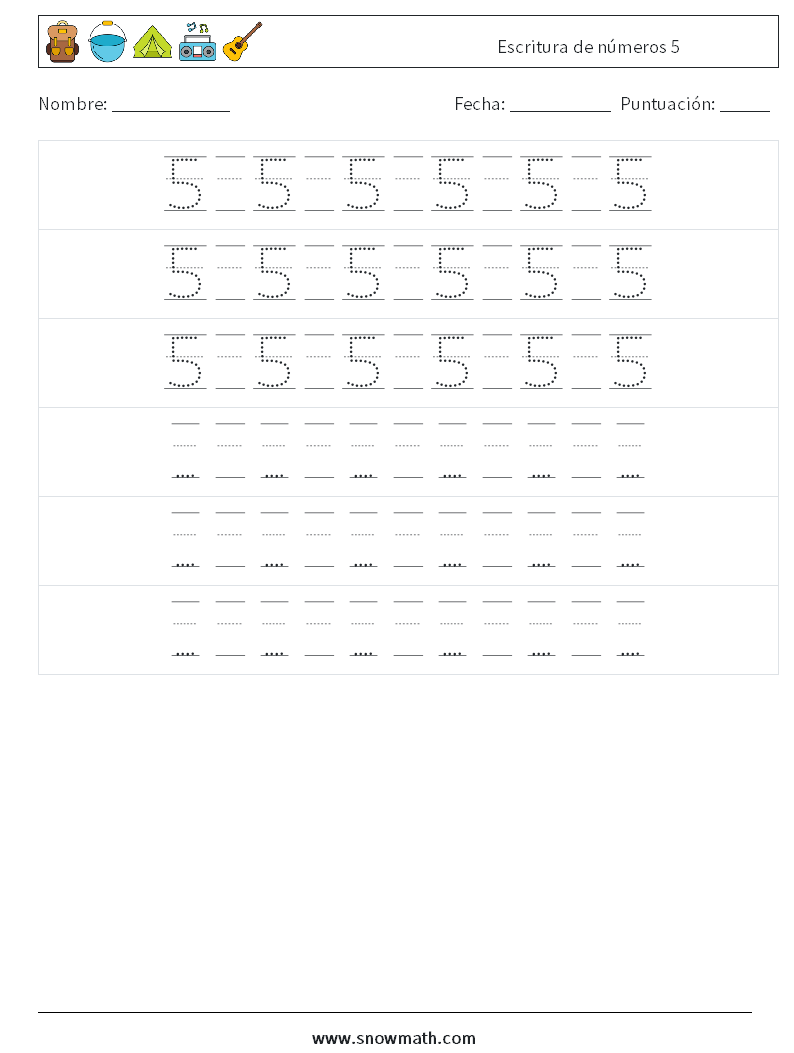 Escritura de números 5 Hojas de trabajo de matemáticas 20