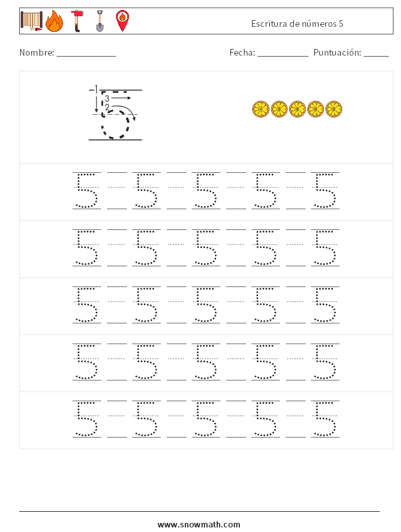 Escritura de números 5 Hojas de trabajo de matemáticas 21