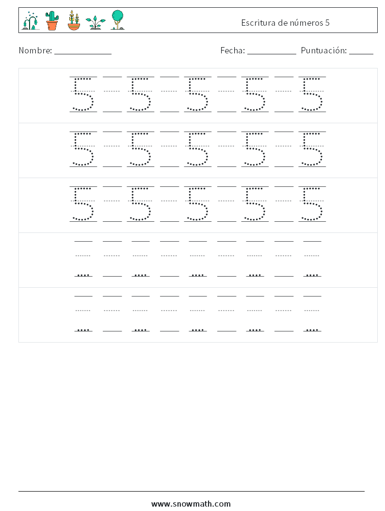 Escritura de números 5 Hojas de trabajo de matemáticas 24