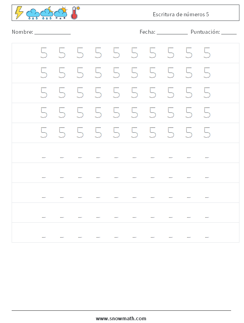 Escritura de números 5 Hojas de trabajo de matemáticas 4