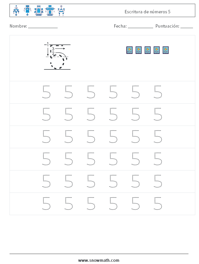 Escritura de números 5 Hojas de trabajo de matemáticas 5