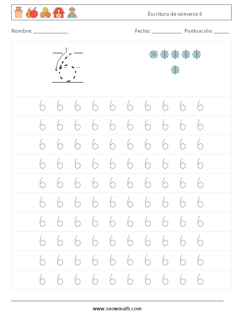 Escritura de números 6 Hojas de trabajo de matemáticas 1