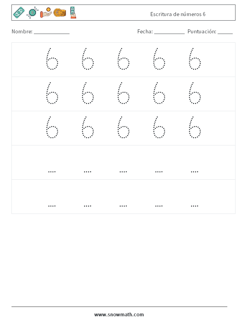 Escritura de números 6 Hojas de trabajo de matemáticas 12