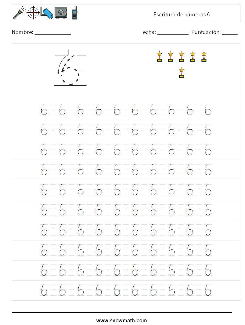 Escritura de números 6 Hojas de trabajo de matemáticas 13