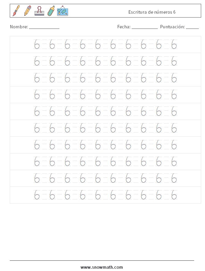 Escritura de números 6 Hojas de trabajo de matemáticas 14