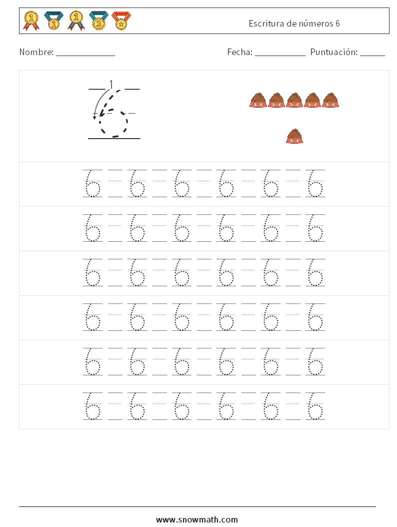 Escritura de números 6 Hojas de trabajo de matemáticas 17