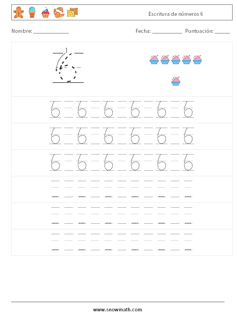 Escritura de números 6 Hojas de trabajo de matemáticas 19