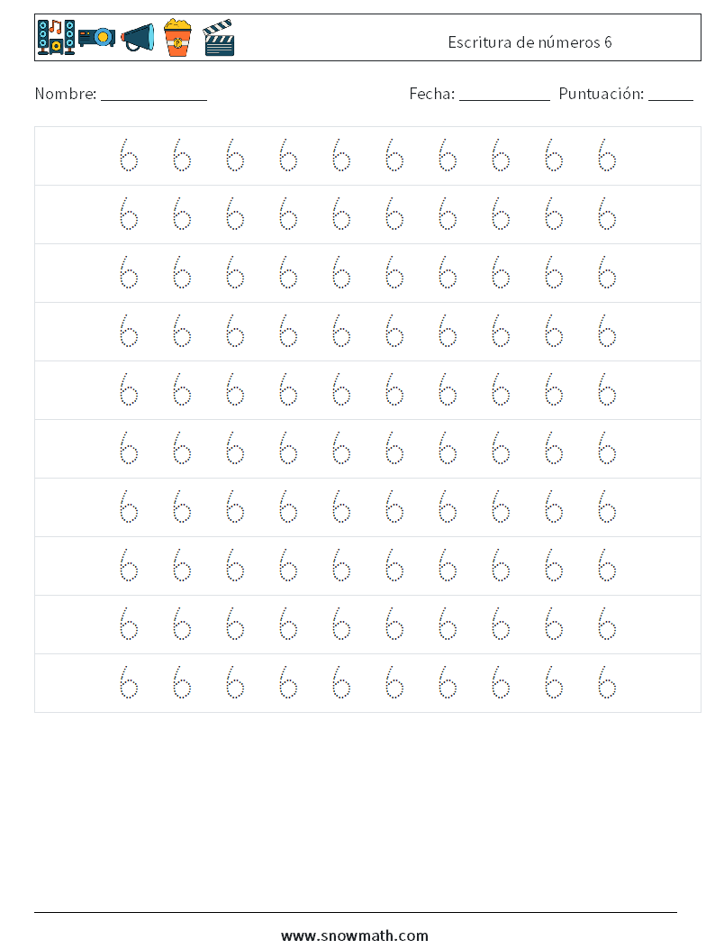 Escritura de números 6 Hojas de trabajo de matemáticas 2