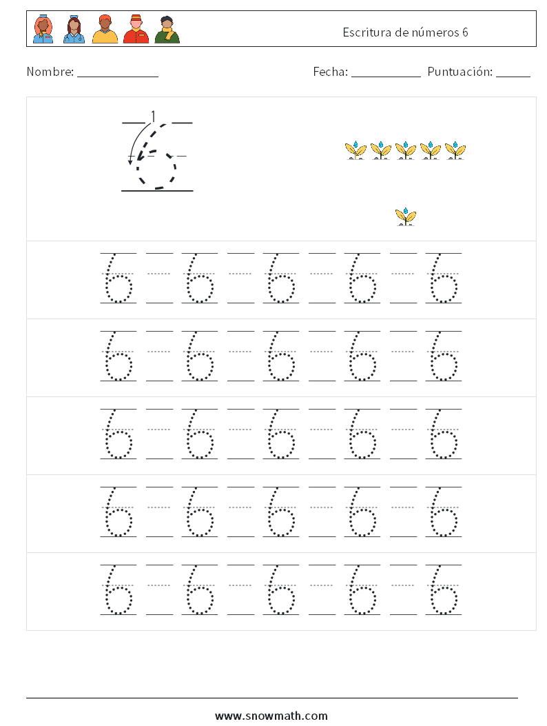 Escritura de números 6 Hojas de trabajo de matemáticas 21