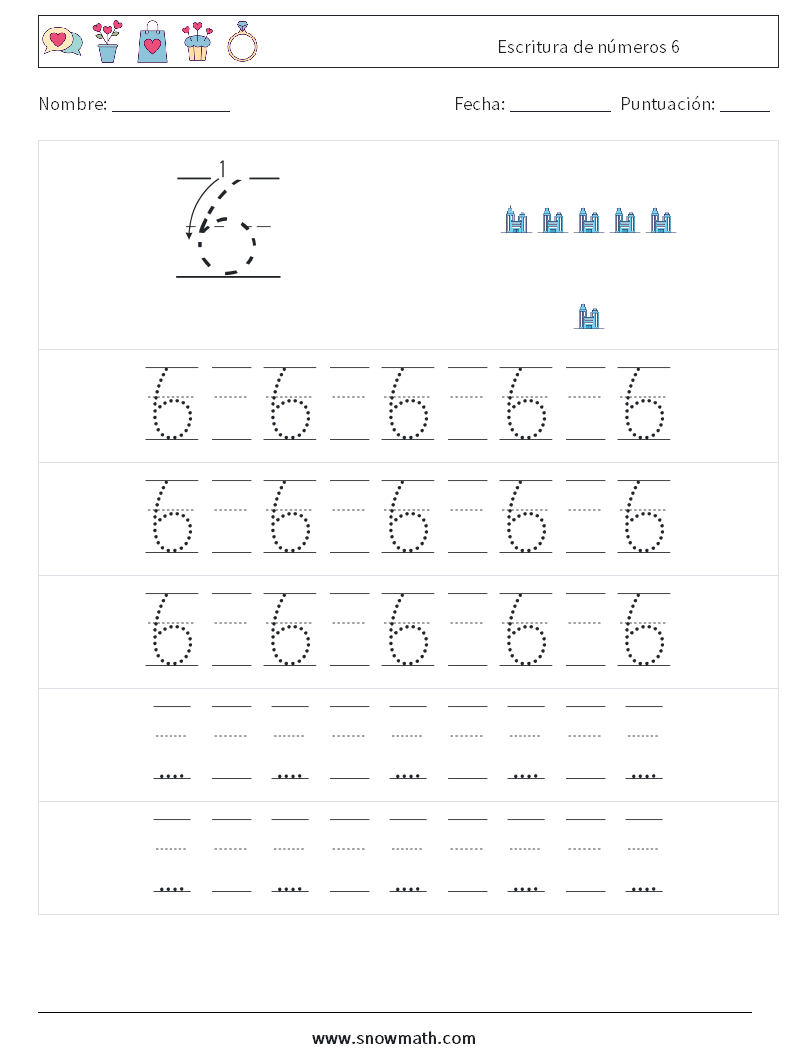 Escritura de números 6 Hojas de trabajo de matemáticas 23