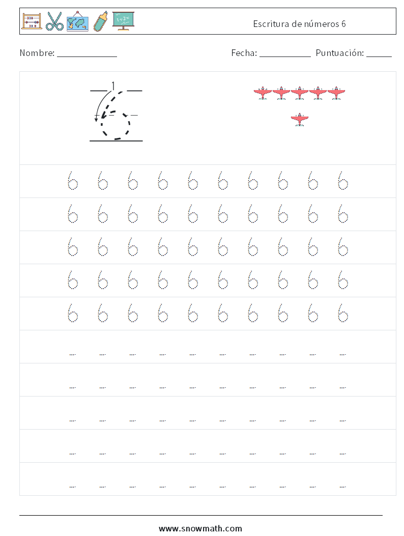 Escritura de números 6 Hojas de trabajo de matemáticas 3