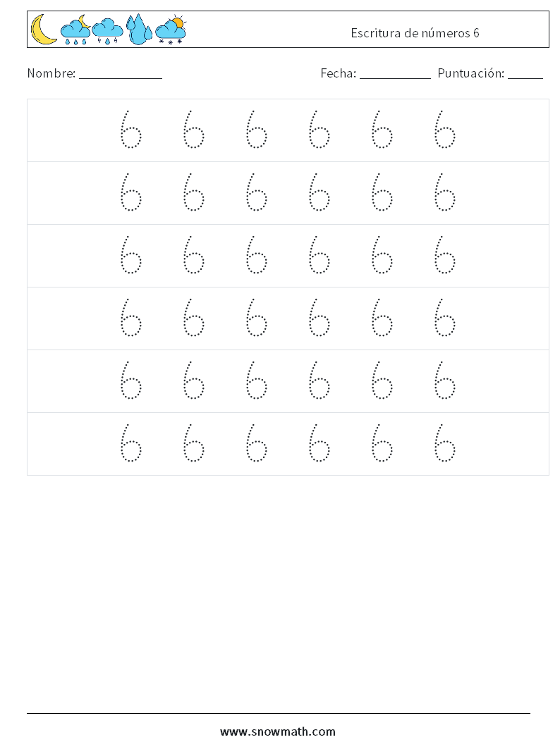 Escritura de números 6 Hojas de trabajo de matemáticas 6