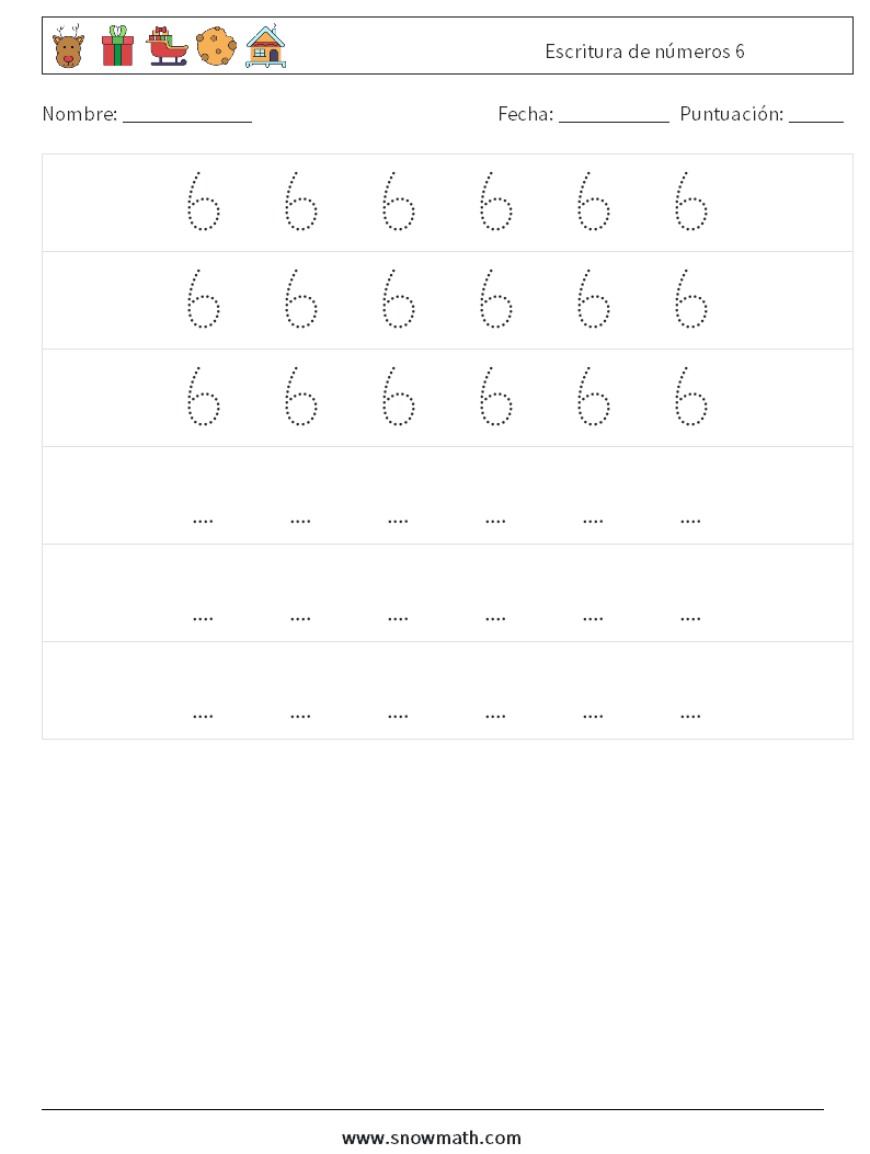 Escritura de números 6 Hojas de trabajo de matemáticas 8