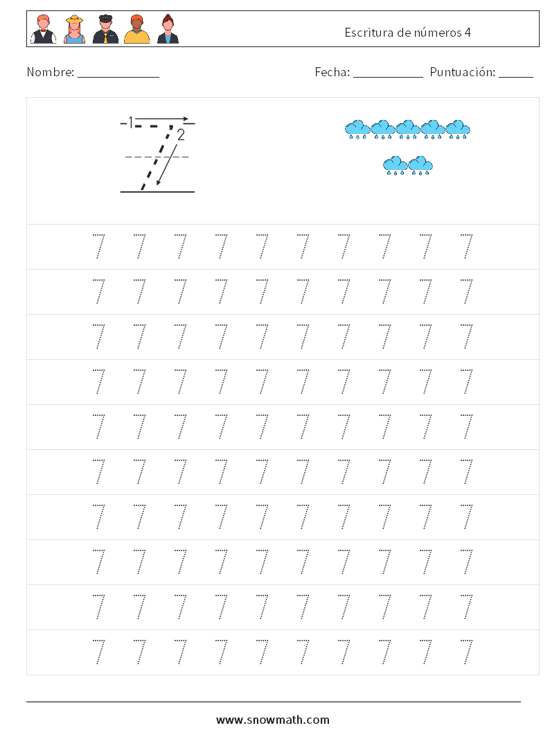 Escritura de números 4 Hojas de trabajo de matemáticas 1