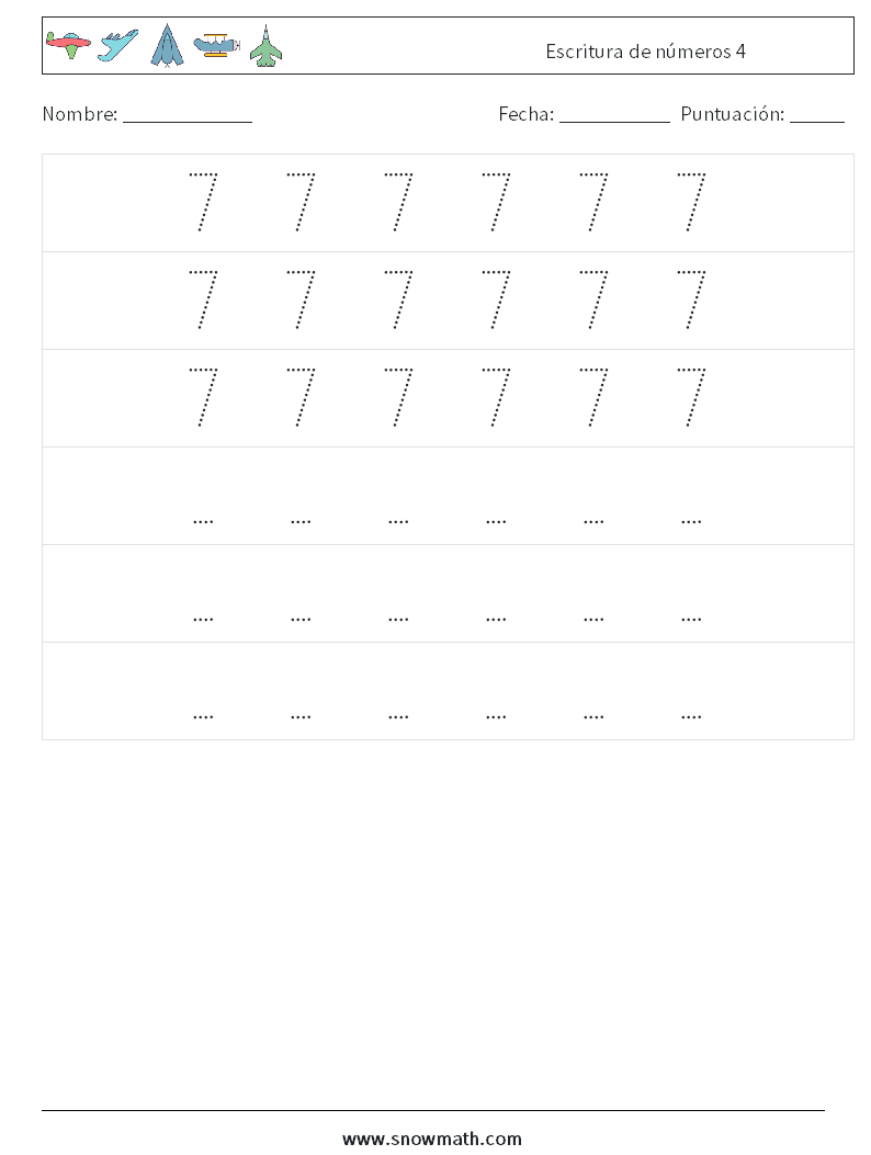 Escritura de números 4 Hojas de trabajo de matemáticas 8