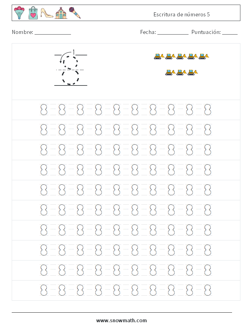 Escritura de números 5 Hojas de trabajo de matemáticas 13