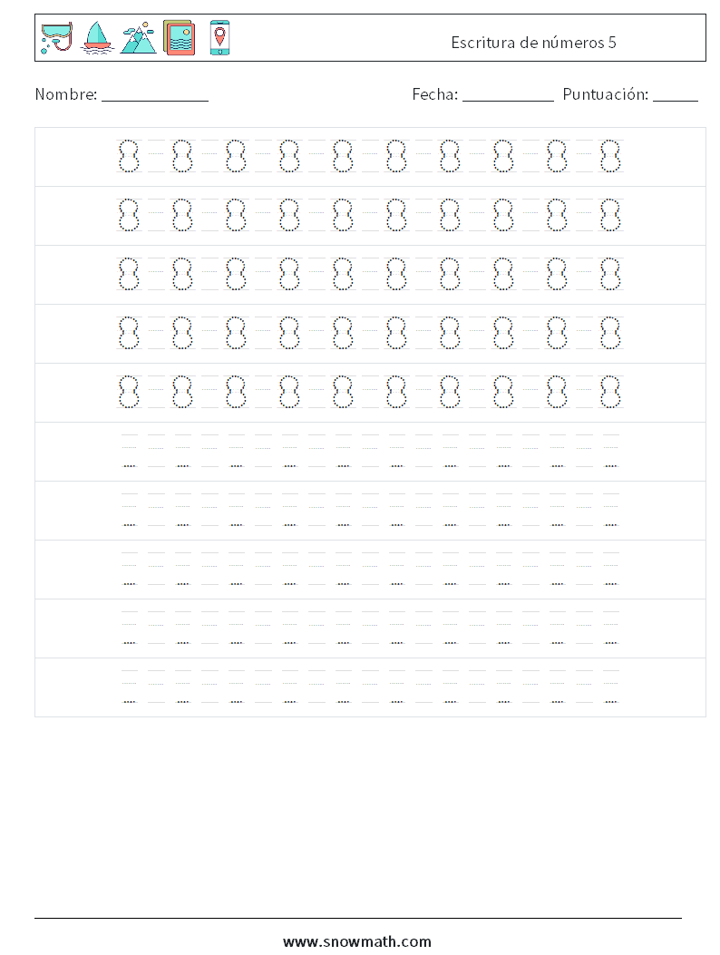 Escritura de números 5 Hojas de trabajo de matemáticas 16