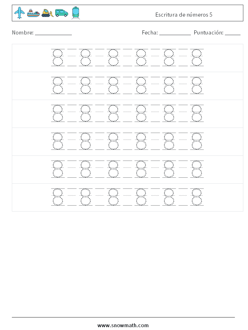 Escritura de números 5 Hojas de trabajo de matemáticas 18
