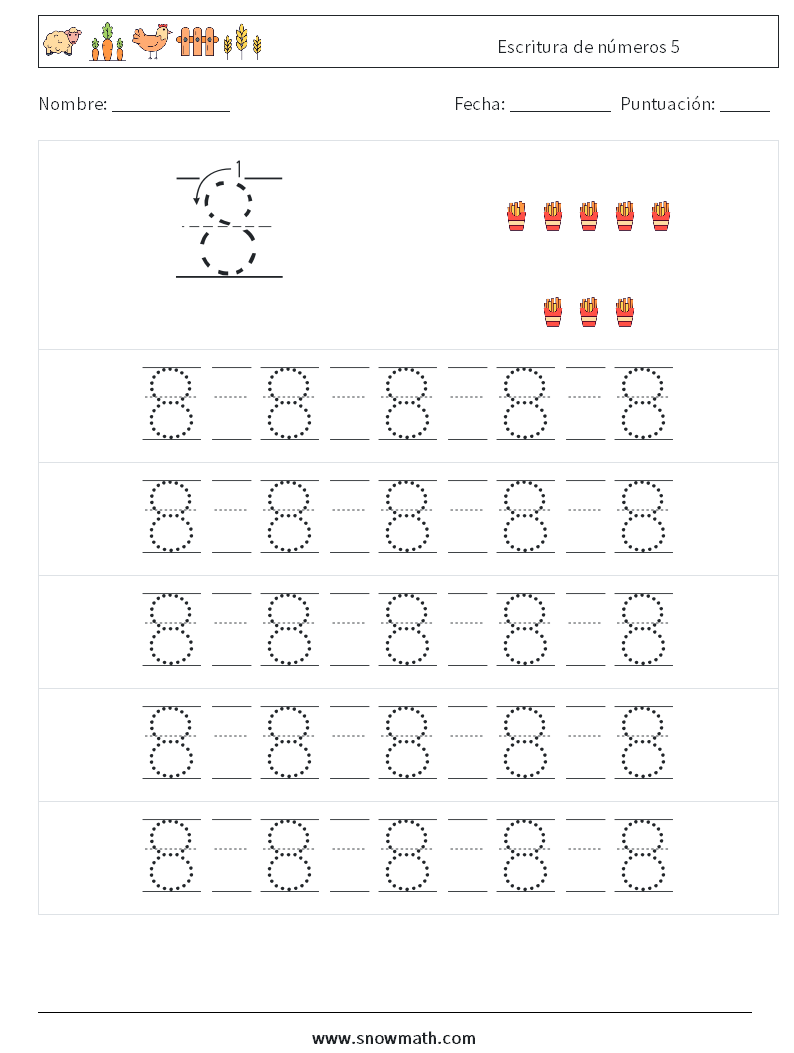 Escritura de números 5 Hojas de trabajo de matemáticas 21