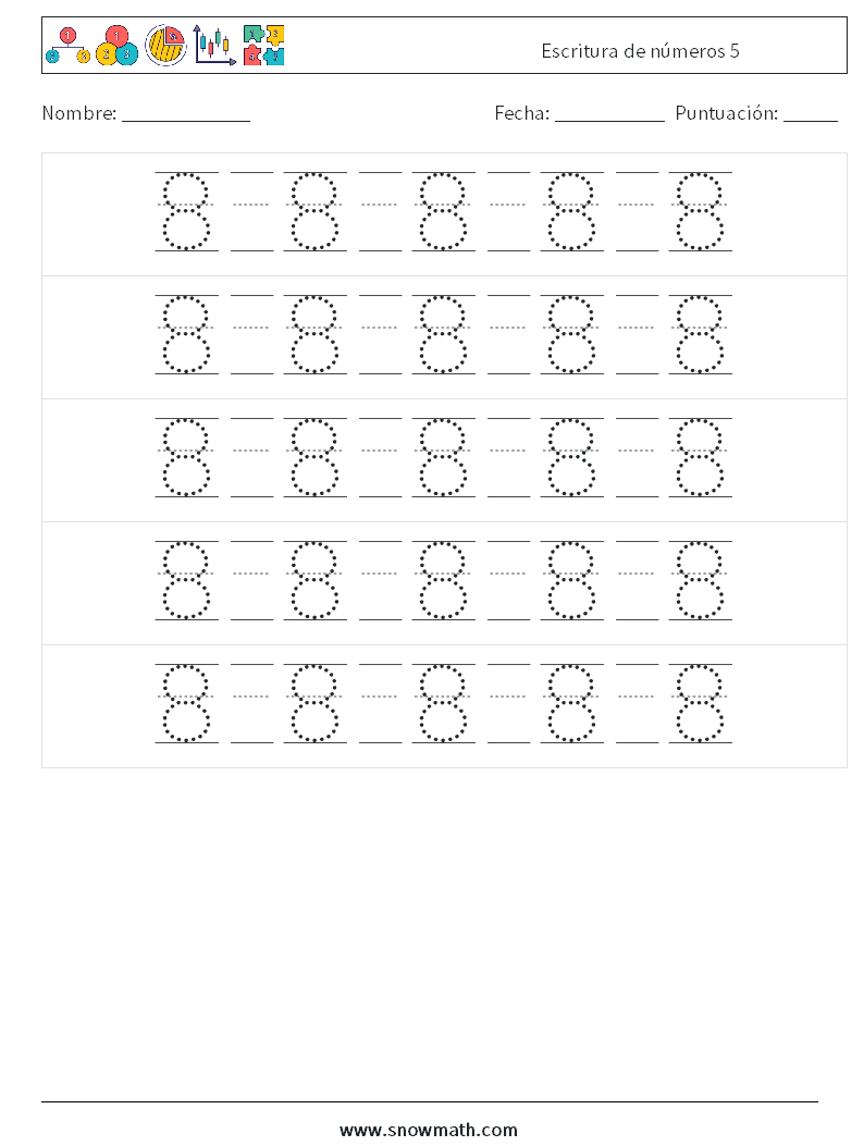 Escritura de números 5 Hojas de trabajo de matemáticas 22