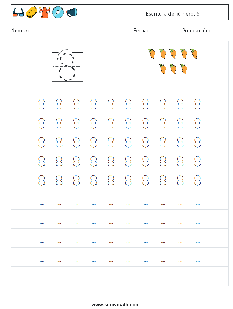 Escritura de números 5 Hojas de trabajo de matemáticas 3