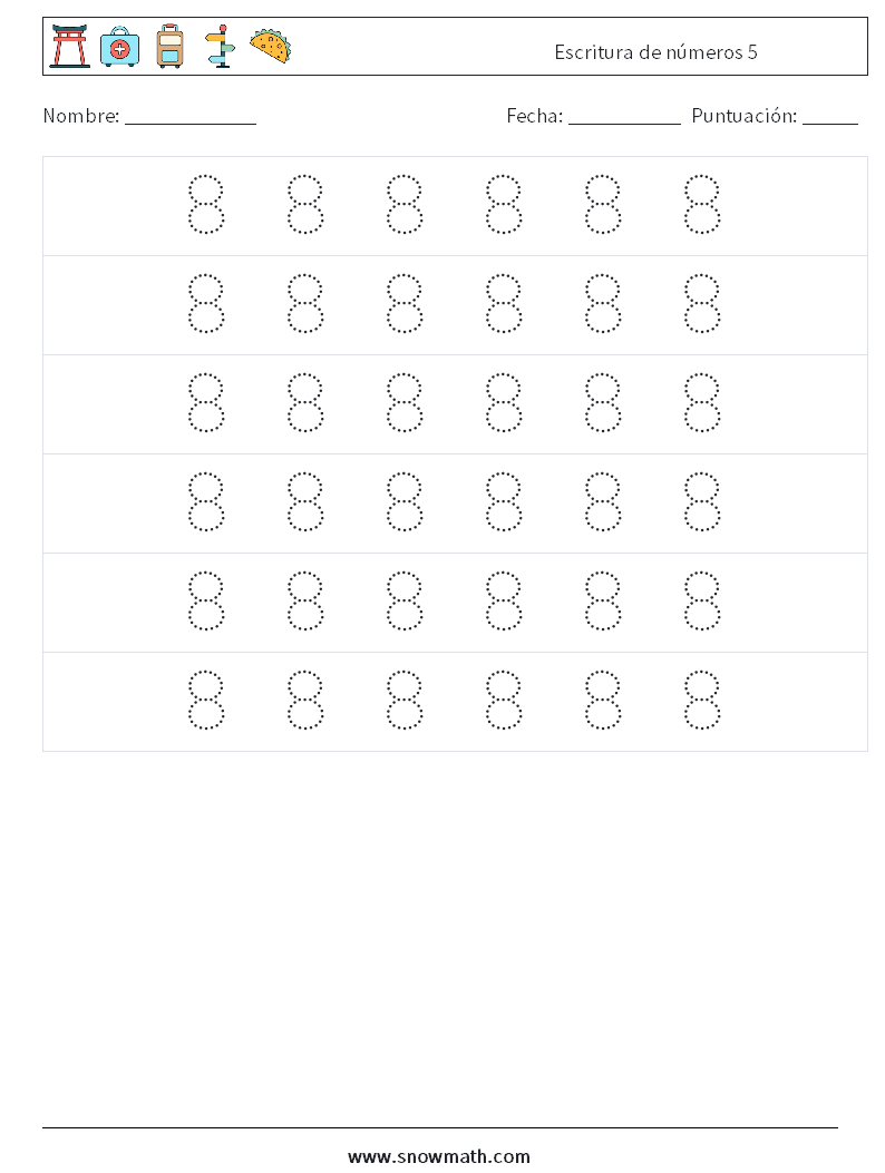 Escritura de números 5 Hojas de trabajo de matemáticas 6