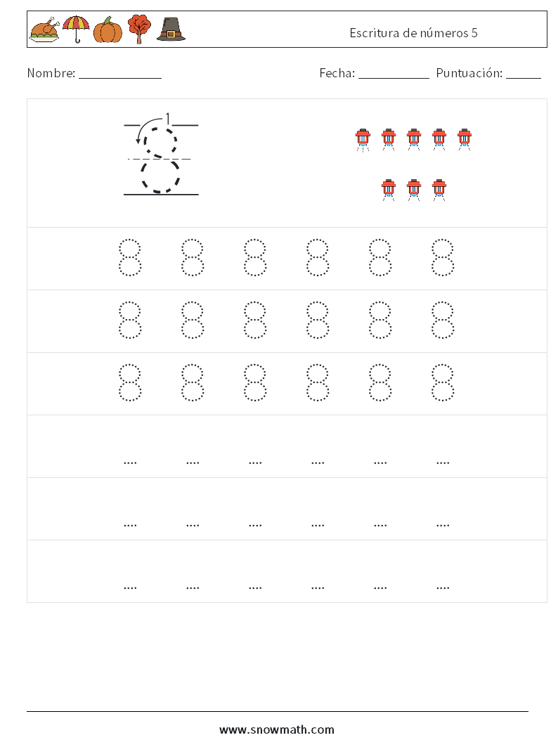 Escritura de números 5 Hojas de trabajo de matemáticas 7