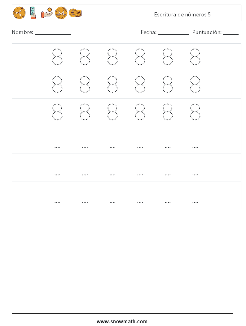 Escritura de números 5 Hojas de trabajo de matemáticas 8