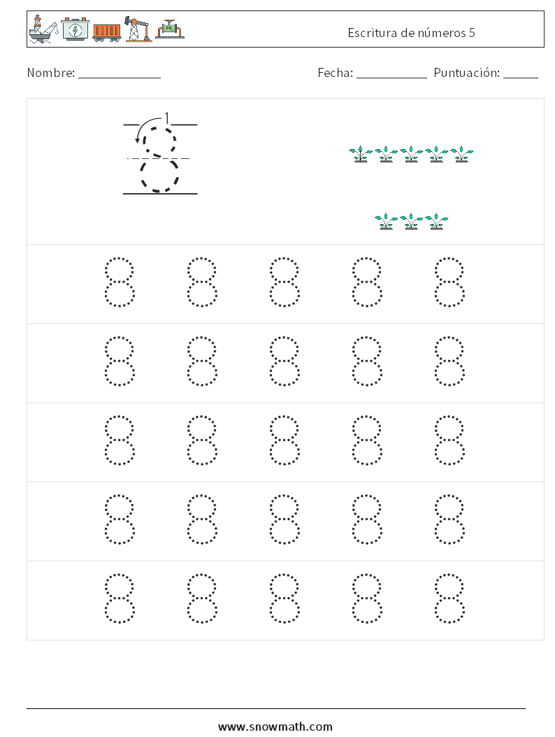 Escritura de números 5 Hojas de trabajo de matemáticas 9