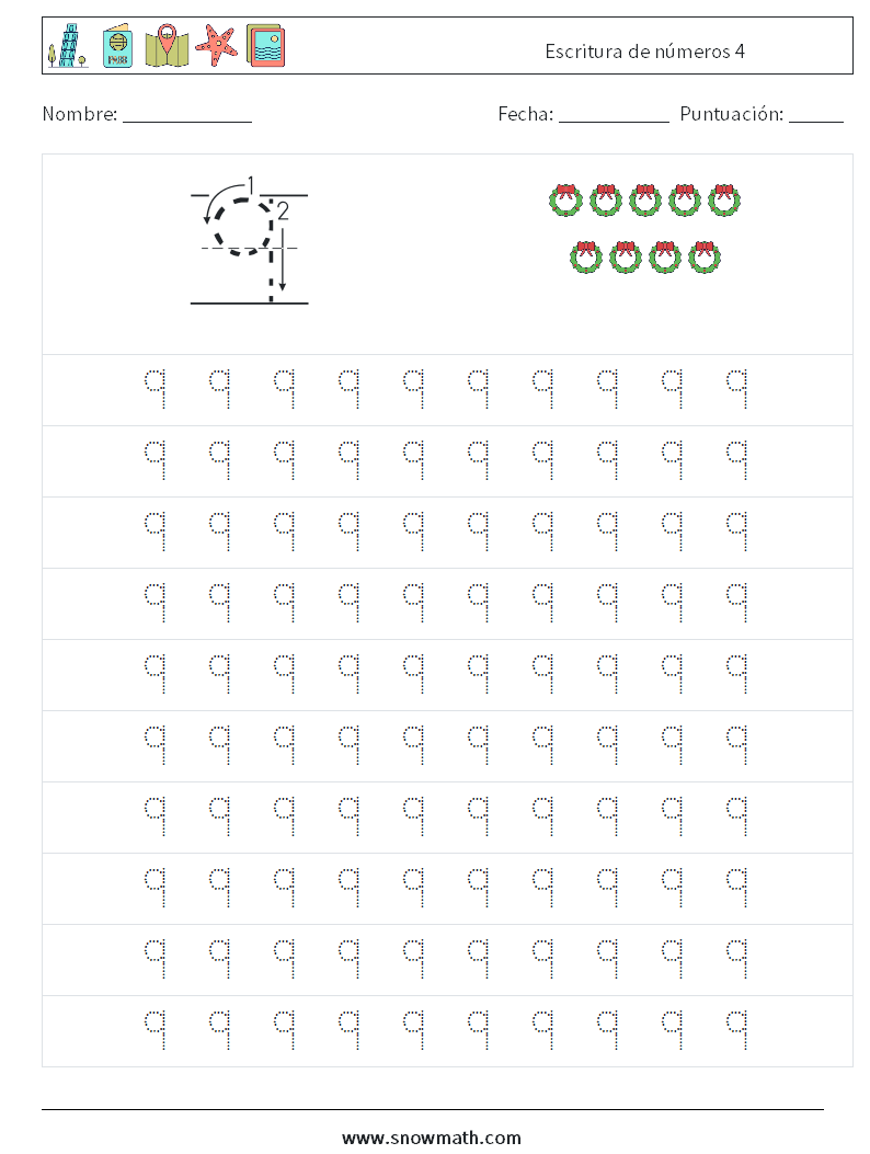 Escritura de números 4 Hojas de trabajo de matemáticas 1