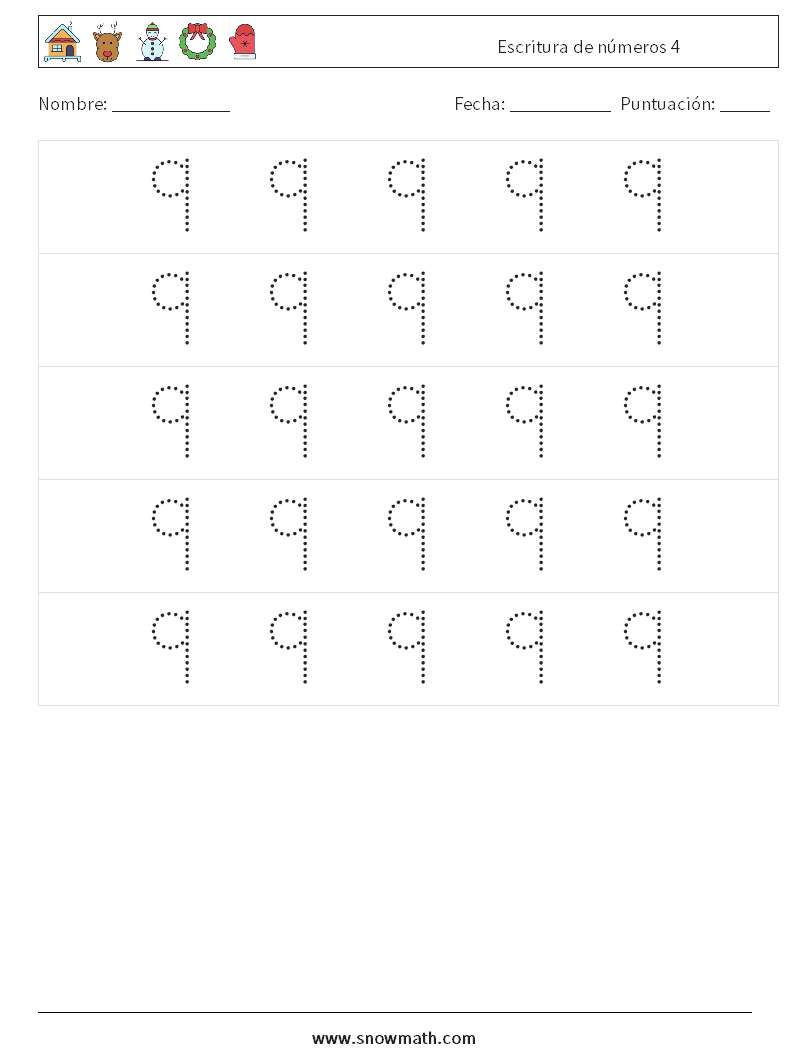 Escritura de números 4 Hojas de trabajo de matemáticas 10