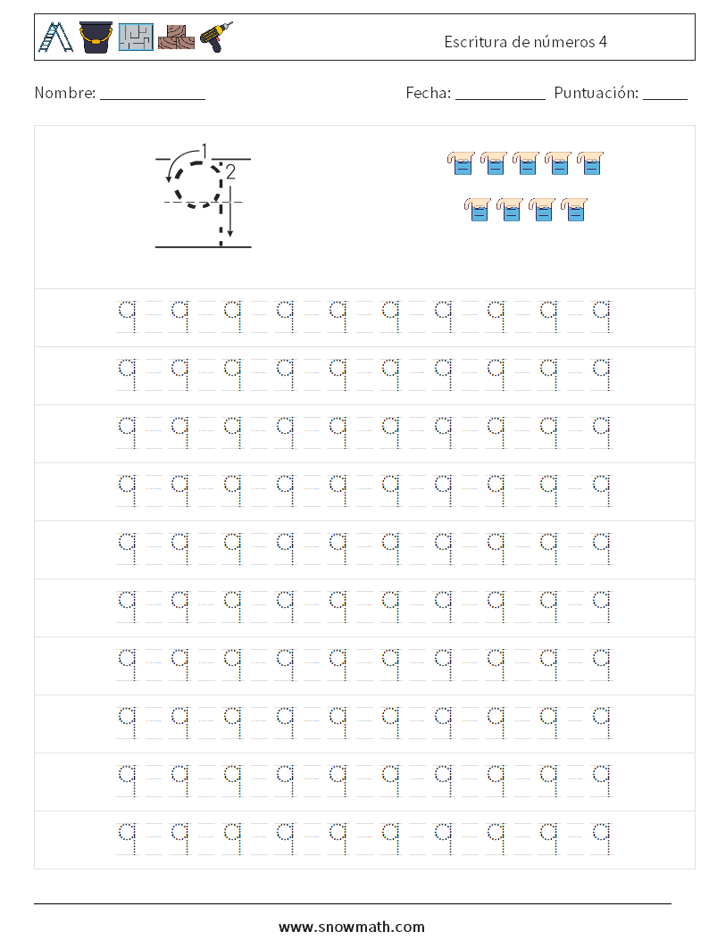 Escritura de números 4 Hojas de trabajo de matemáticas 13