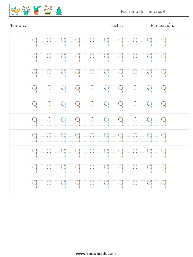 Escritura de números 4 Hojas de trabajo de matemáticas 14