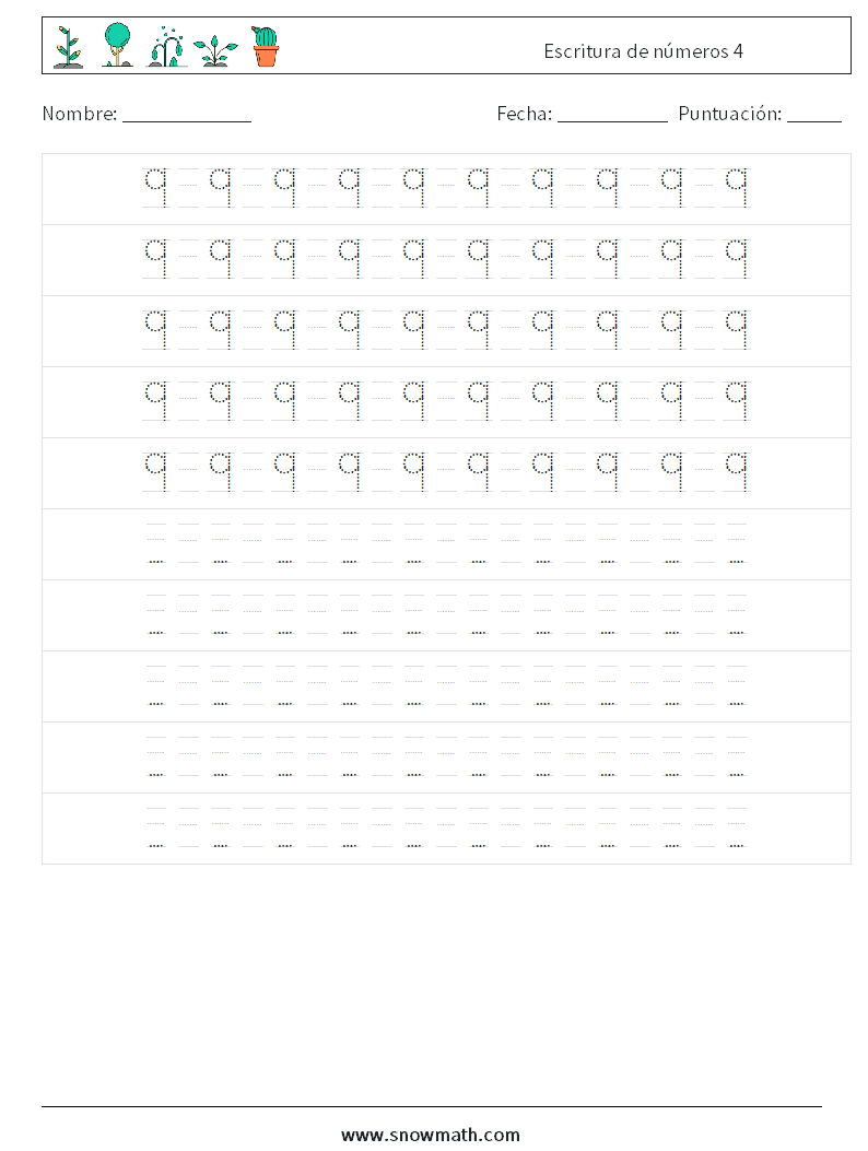 Escritura de números 4 Hojas de trabajo de matemáticas 16