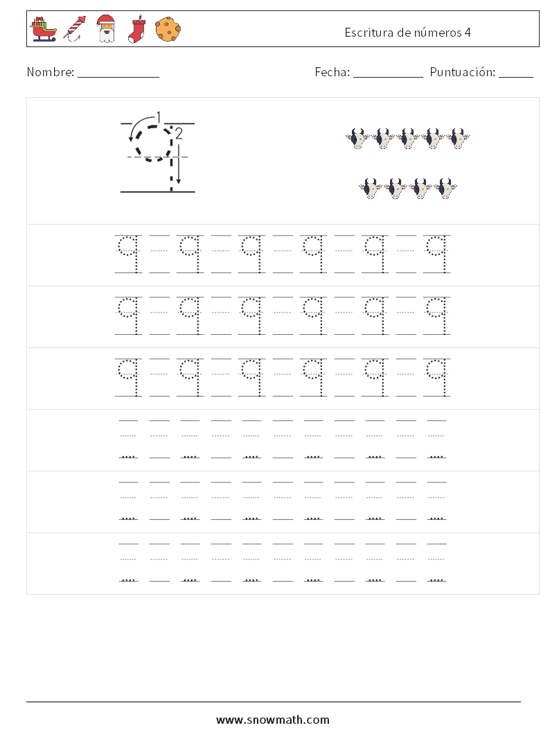Escritura de números 4 Hojas de trabajo de matemáticas 19
