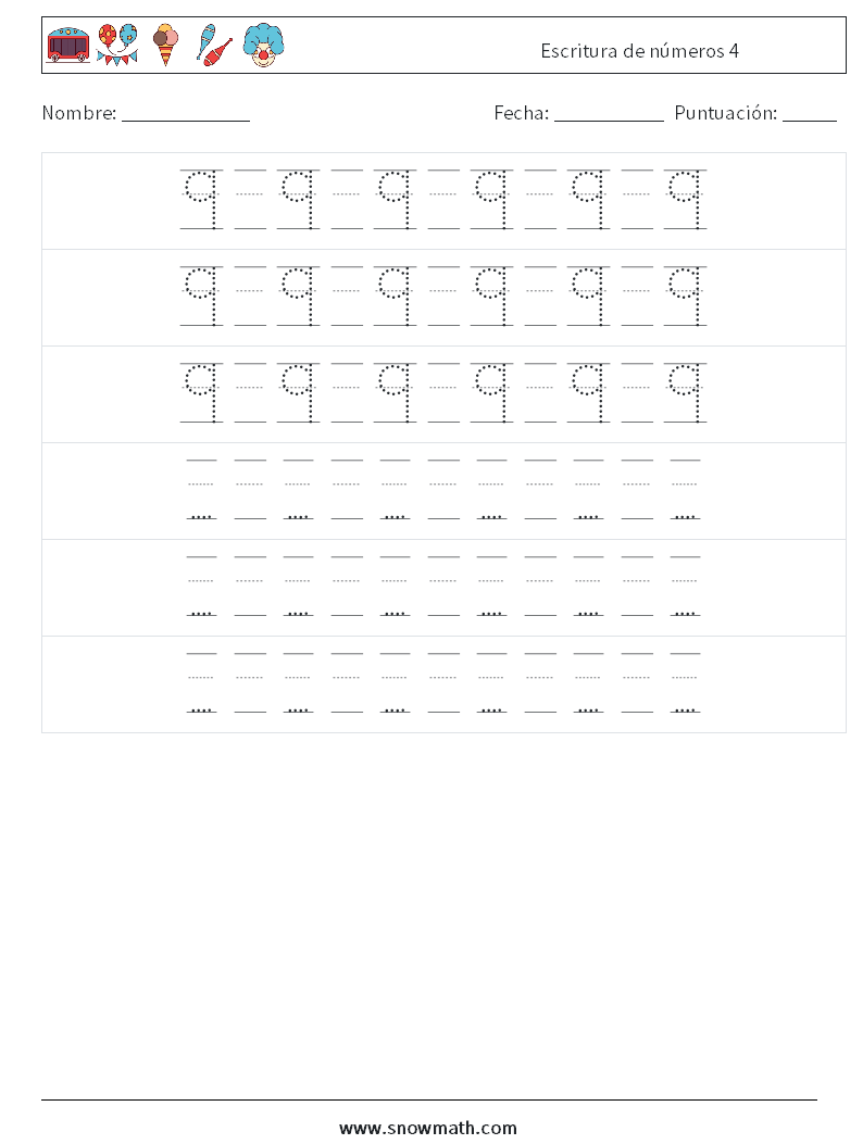 Escritura de números 4 Hojas de trabajo de matemáticas 20