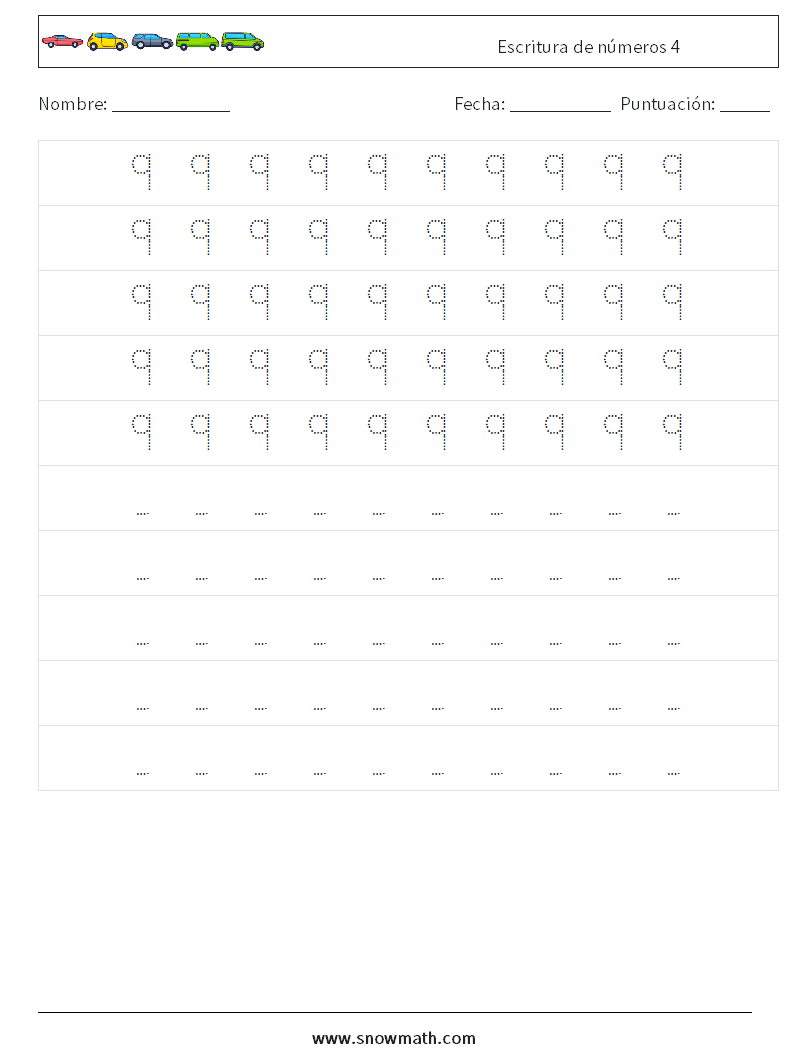 Escritura de números 4 Hojas de trabajo de matemáticas 4