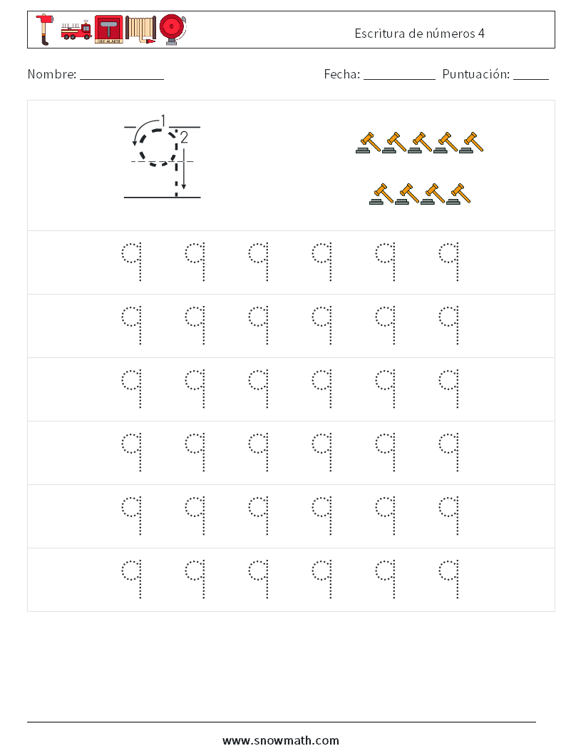 Escritura de números 4 Hojas de trabajo de matemáticas 5