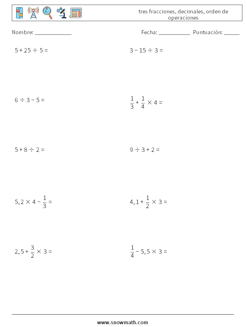 (10) tres fracciones, decimales, orden de operaciones Hojas de trabajo de matemáticas 1