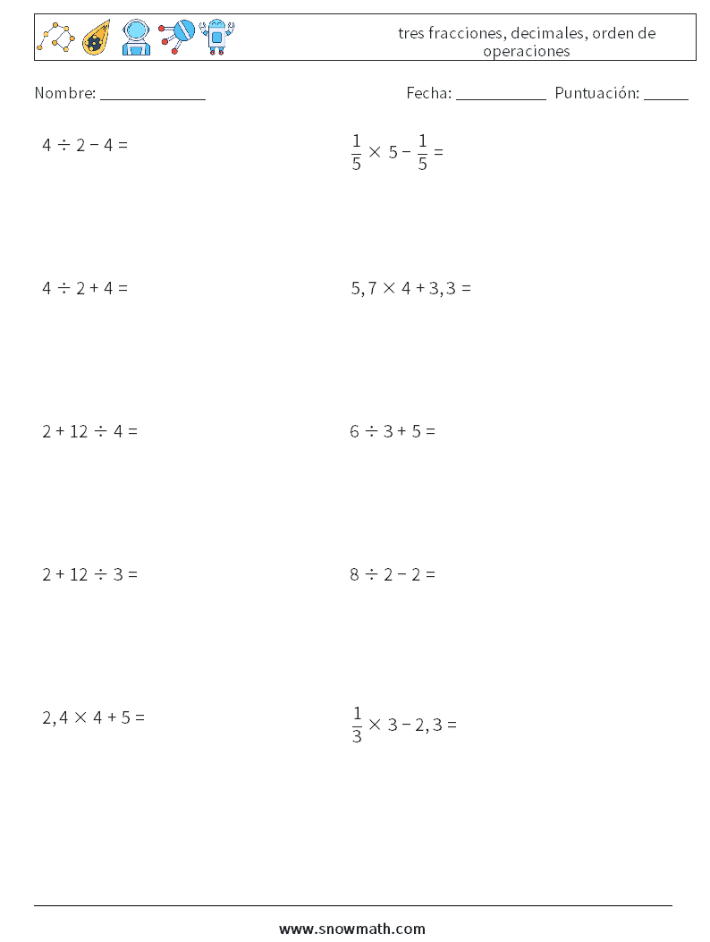 (10) tres fracciones, decimales, orden de operaciones Hojas de trabajo de matemáticas 5