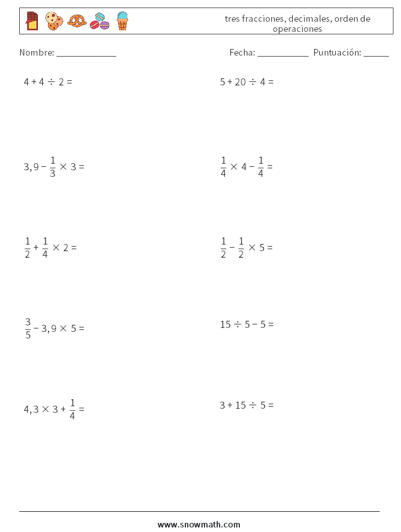 (10) tres fracciones, decimales, orden de operaciones Hojas de trabajo de matemáticas 9
