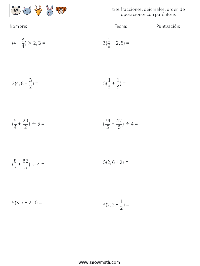 (10) tres fracciones, deicmales, orden de operaciones con paréntesis Hojas de trabajo de matemáticas 10