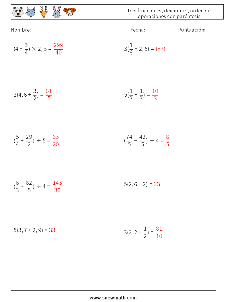 (10) tres fracciones, deicmales, orden de operaciones con paréntesis Hojas de trabajo de matemáticas 10 Pregunta, respuesta