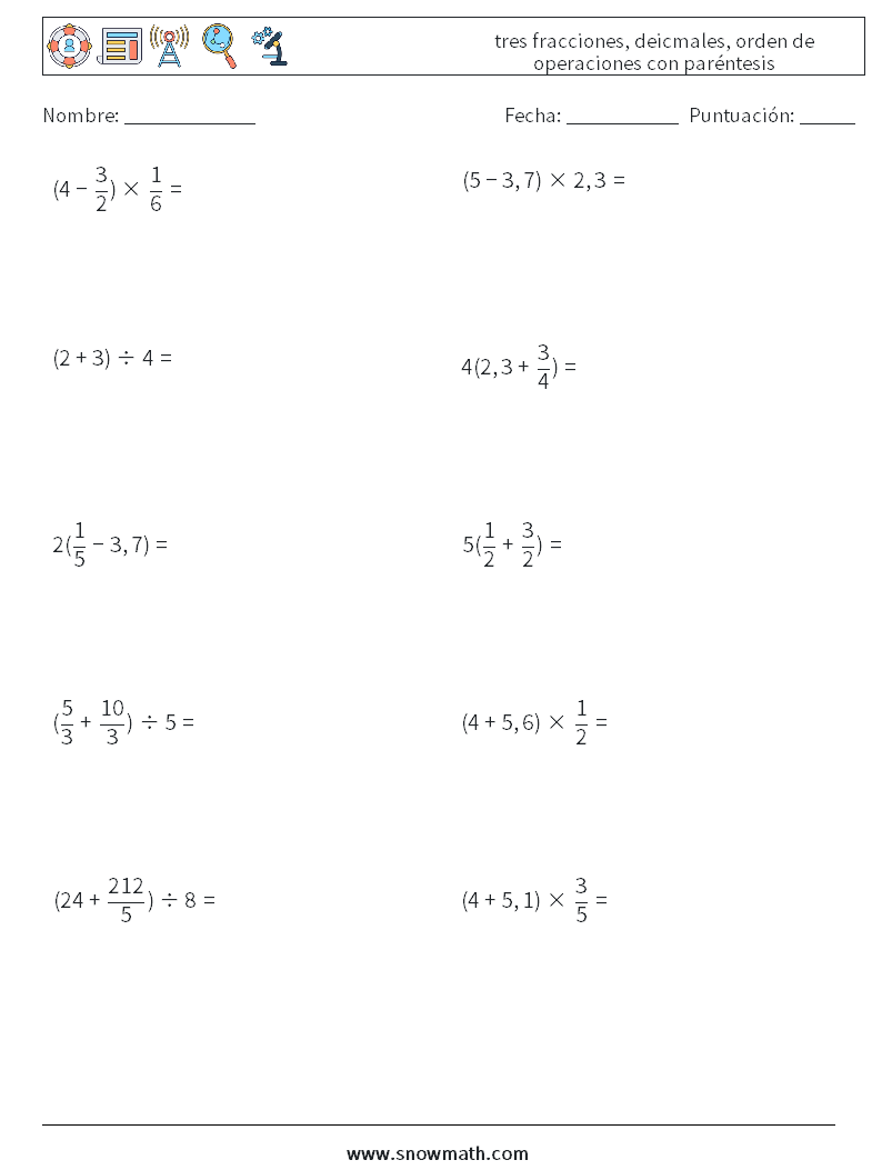 (10) tres fracciones, deicmales, orden de operaciones con paréntesis Hojas de trabajo de matemáticas 11